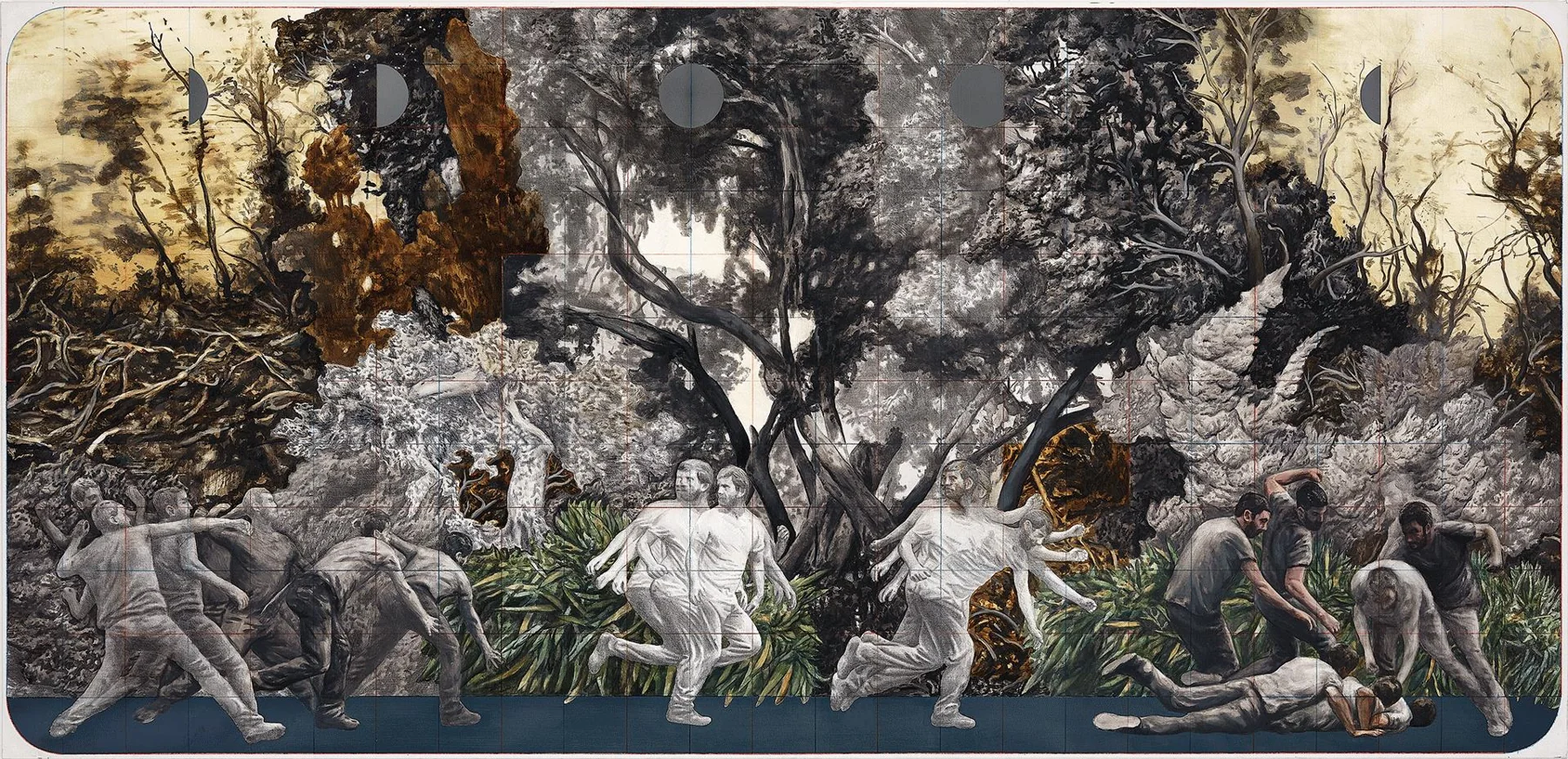 Final de Mioriță, 2019. Mixed technique on canvas, 120 × 250 cm.